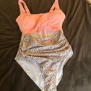 Coral Pink & Black Dot One-Piece Swimsuit
